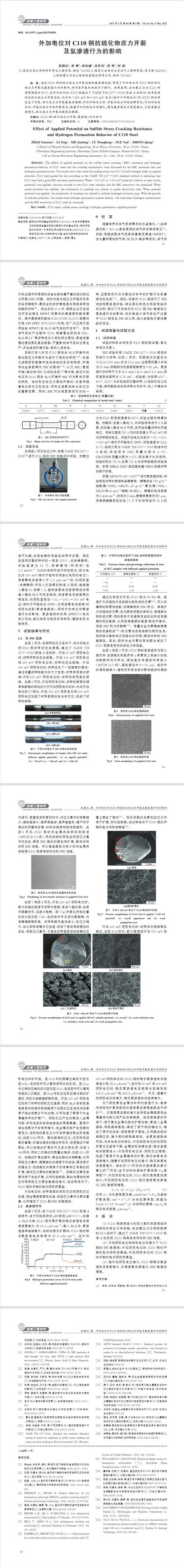 外加電位C110鋼抗硫化物應力開裂及氫滲透行為