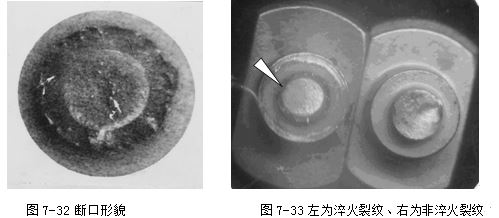 斷口形貌 淬火裂紋、右為非淬火裂紋