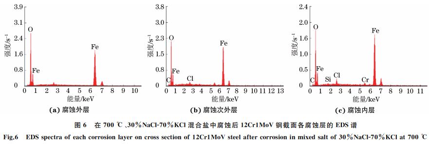 圖６ 在７００ ℃、３０％NaClＧ７０％KCl混合鹽中腐蝕后１２Cr１MoV鋼截面各腐蝕層的 EDS譜